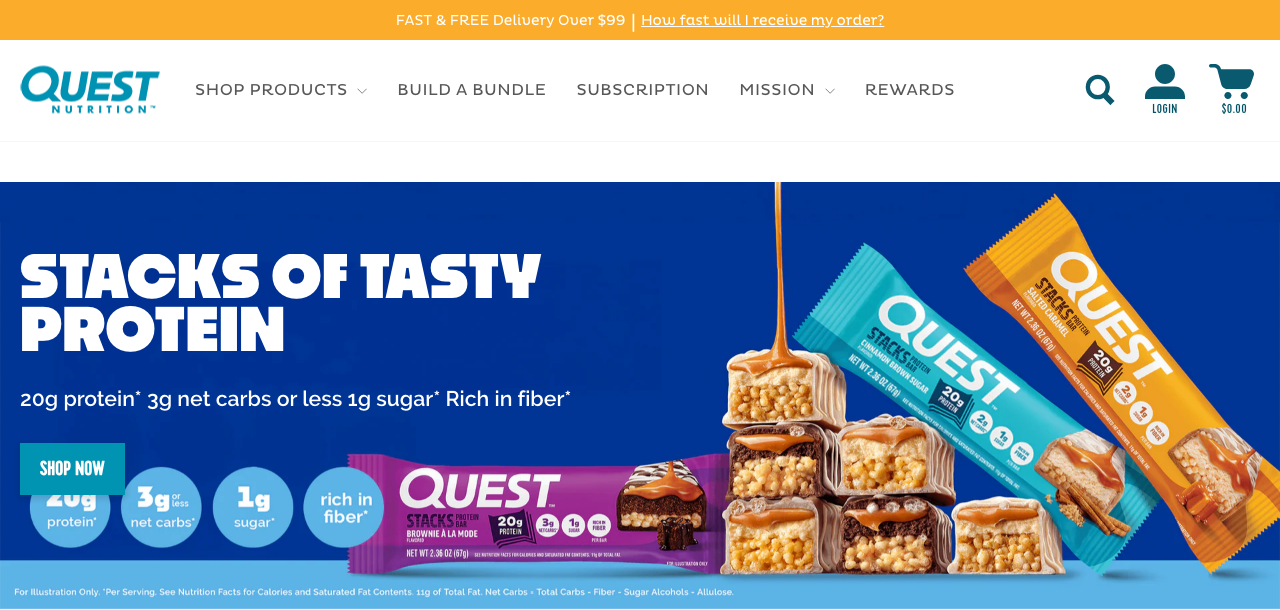 Quest Nutrition website homepage showing Stacks protein bars