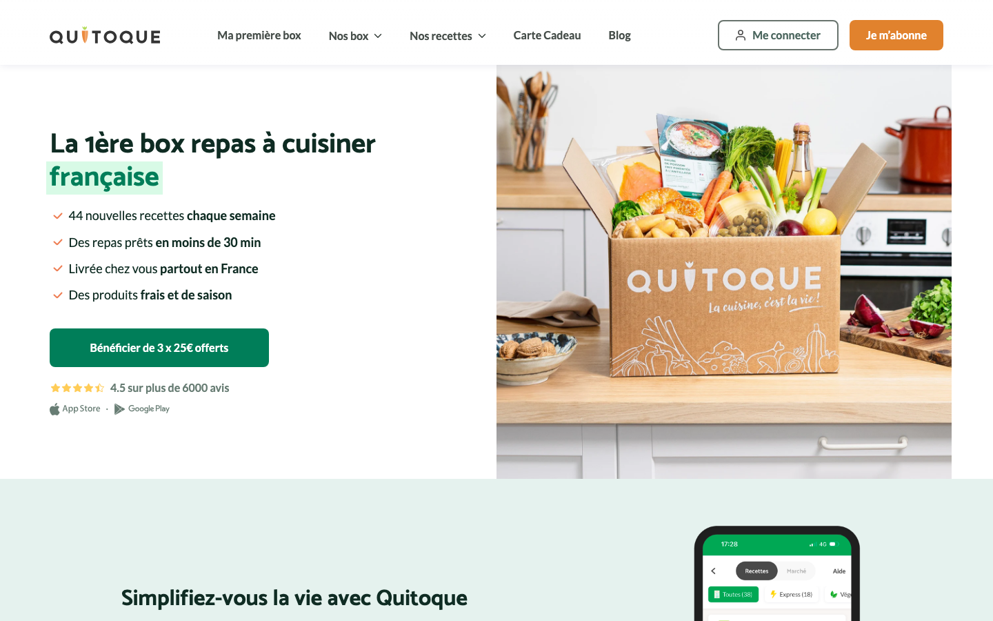Capture d'écran de la page d'accueil de Quitoque.fr montrant la promesse produit et le prix à partir de 3,83 euros par assiette
