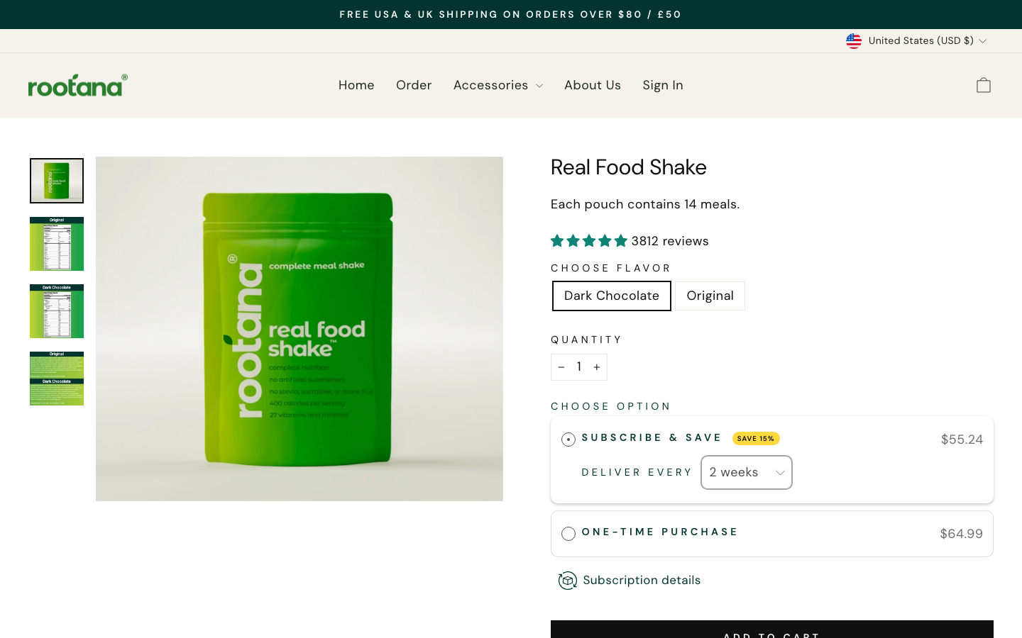 Rootana Real Food Shake product page showing the Dark Chocolate pouch and pricing