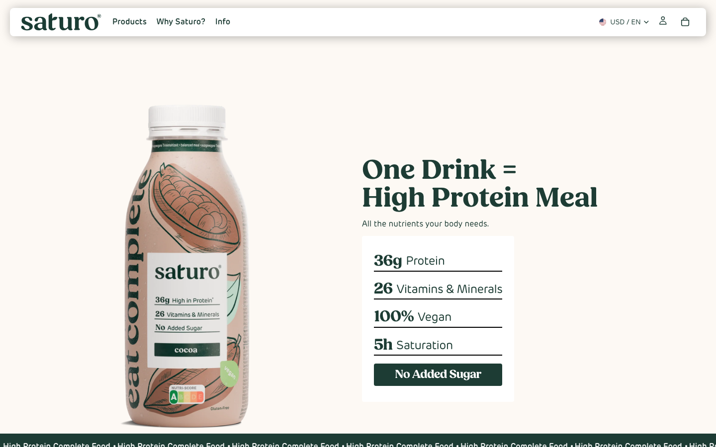Saturo homepage hero showing the cocoa-flavor bottle and protein stats
