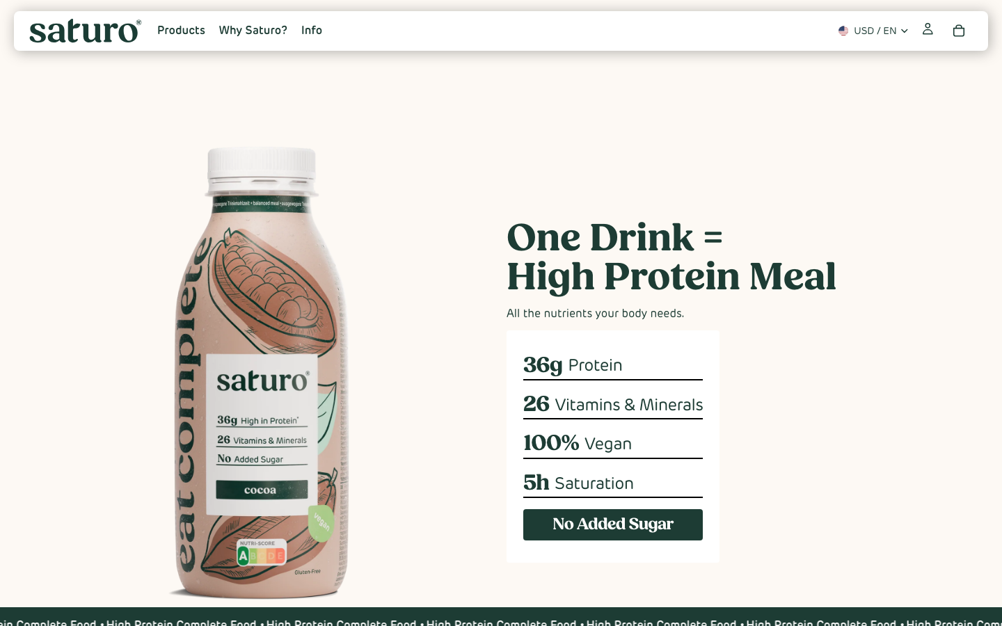 Saturo's English-language homepage showing the Cocoa flavor bottle and headline nutrition claims