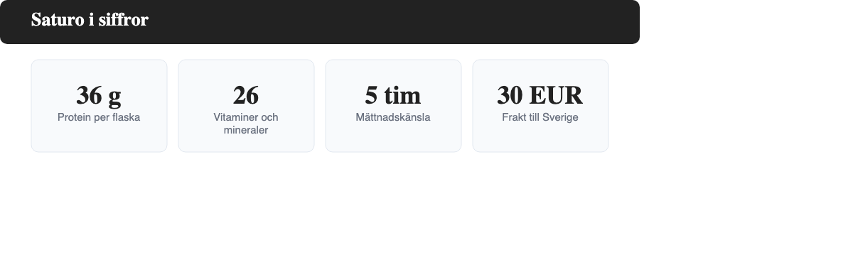Nyckeltal för Saturo: 36 gram protein, 26 vitaminer och mineraler, 5 timmars mättnad och cirka 30 EUR i frakt till Sverige