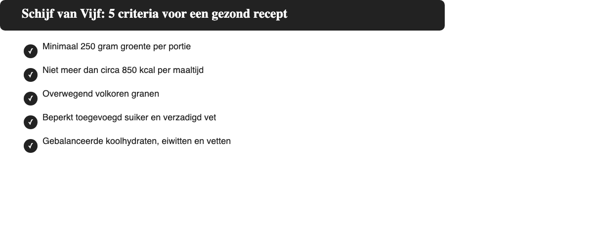 Checklist met de 5 Schijf van Vijf criteria voor een gezonde maaltijdbox: groente, calorieën, volkoren, suiker en vet, macros