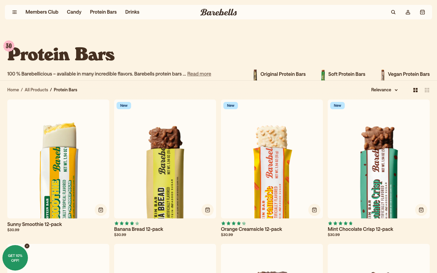 Screenshot of the Barebells official shop page showing the Original, Soft Bar and Vegan protein bar lines