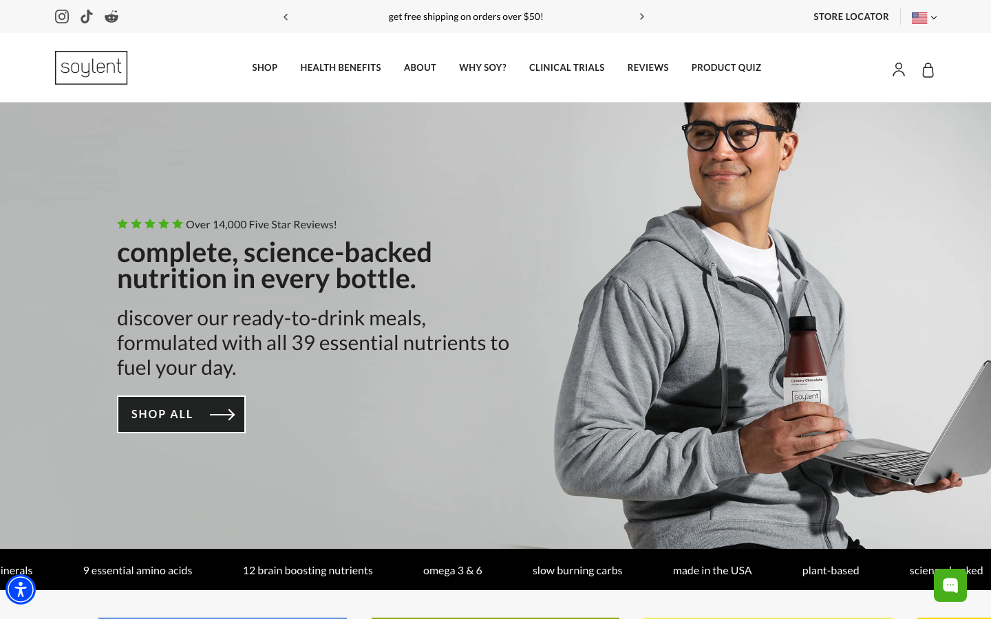 Soylent homepage hero showing a ready-to-drink bottle