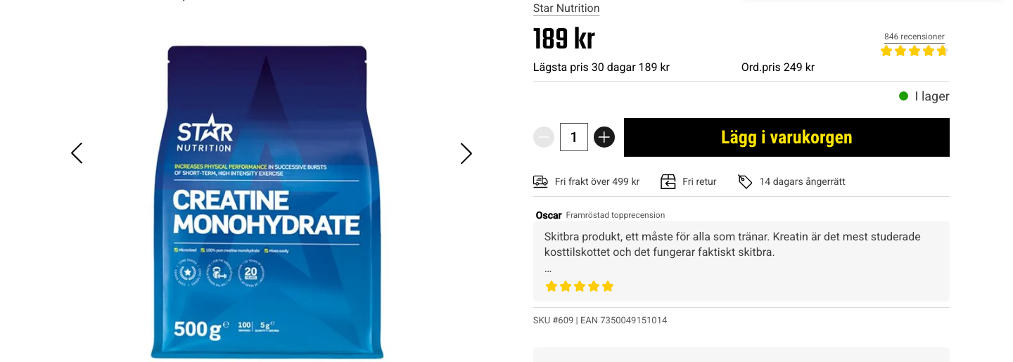 Skärmbild av Star Nutrition Kreatinmonohydrat 500 g på Gymgrossisten.com, 189 kr med 846 recensioner