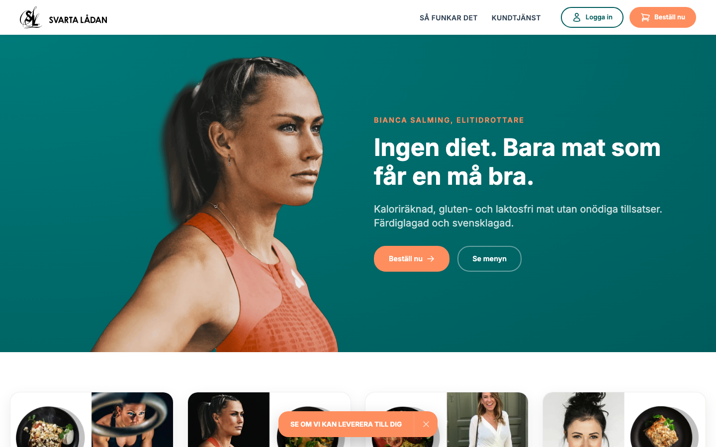 Skärmdump av Svarta Lådans startsida med rubriken Ingen diet, bara mat som får en må bra.