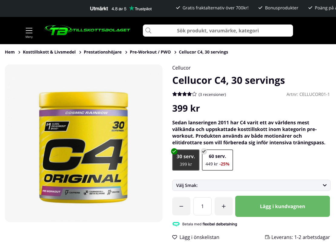 Produktsida för Cellucor C4 Original 30 portioner hos Tillskottsbolaget.se, pris 399 kr, 3 recensioner