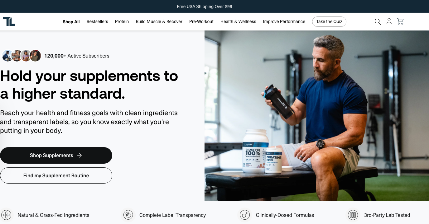 Transparent Labs homepage showing clean ingredient and third-party testing claims