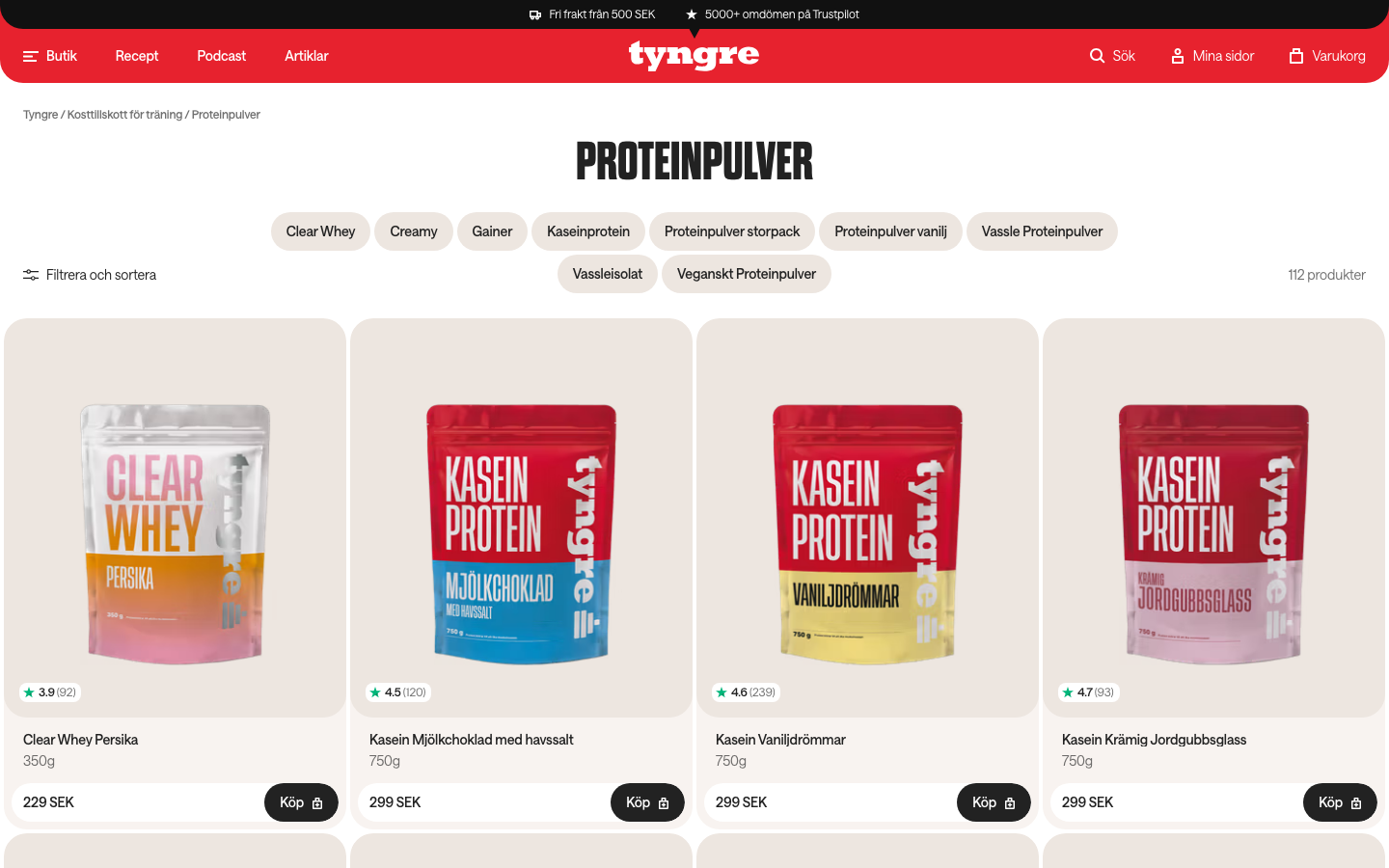 Skärmbild: Tyngres proteinpulversortiment på tyngre.se
