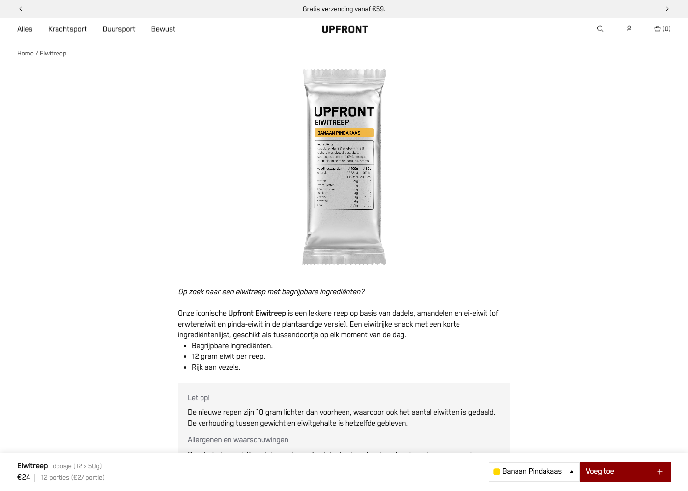 Screenshot van de Upfront eiwitreep productpagina met verpakking, ingrediënten en prijs
