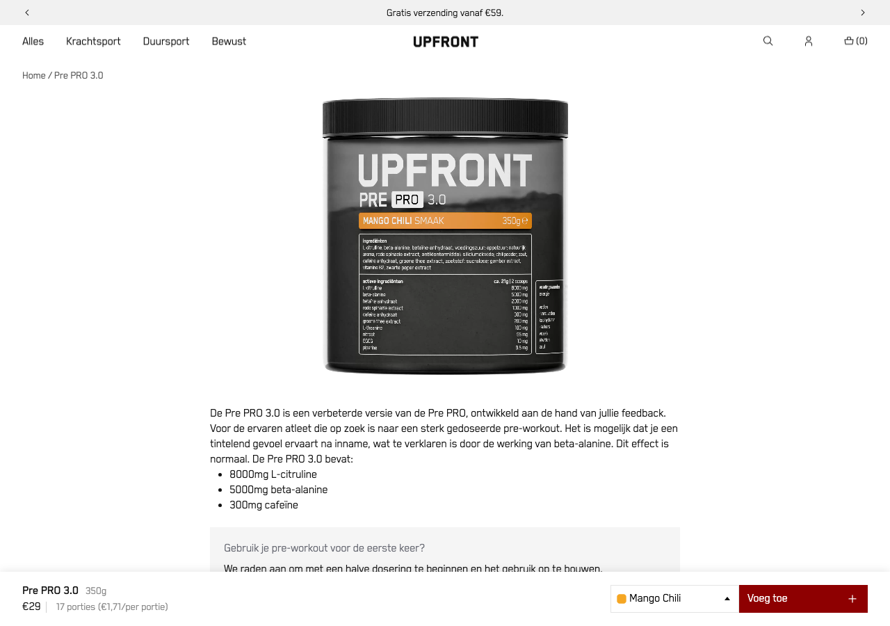 Upfront Pre Pro 3.0 productpagina met ingrediëntenlabel en prijs