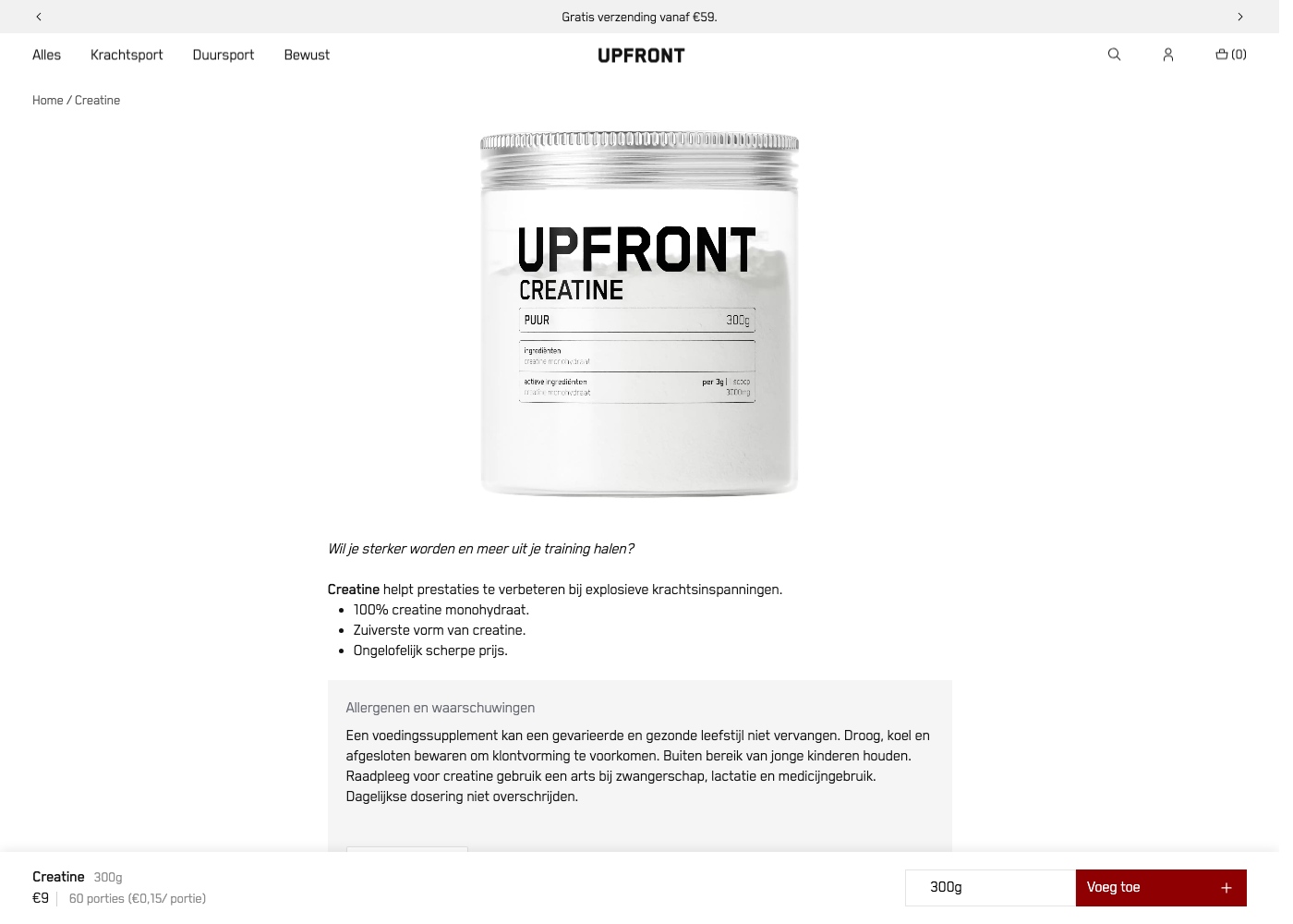 Screenshot van de Upfront Creatine poeder productpagina met prijs en ingredienten