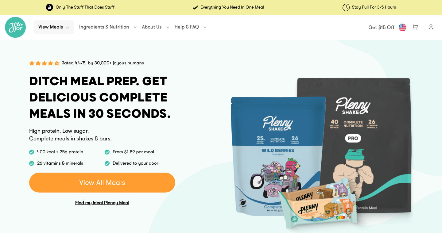 Jimmy Joy US homepage showing Plenny Shake, Plenny Shake Pro, and Plenny Bar with pricing from $1.89 per meal