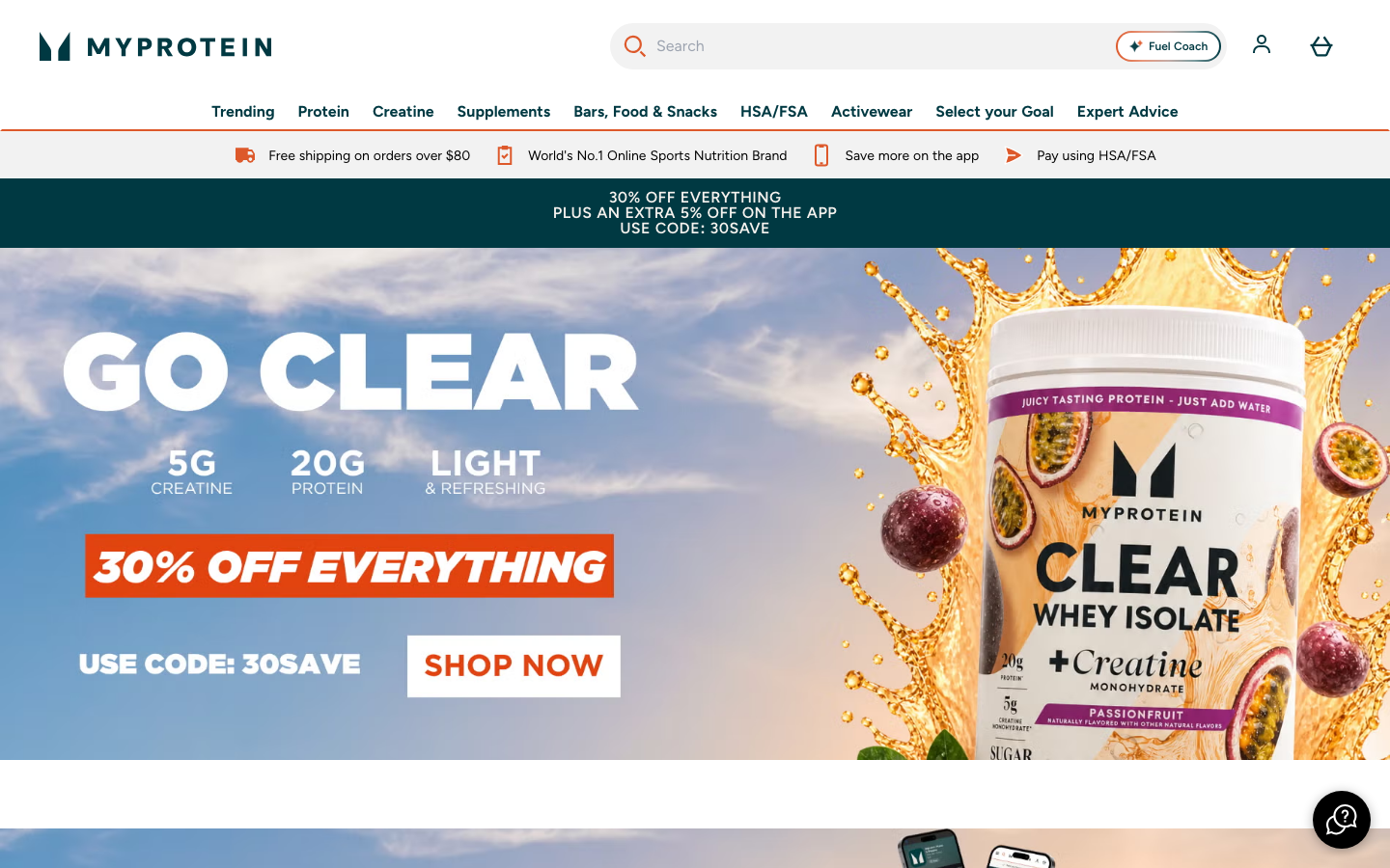 MyProtein US homepage showing USD pricing and free shipping over $80 offer