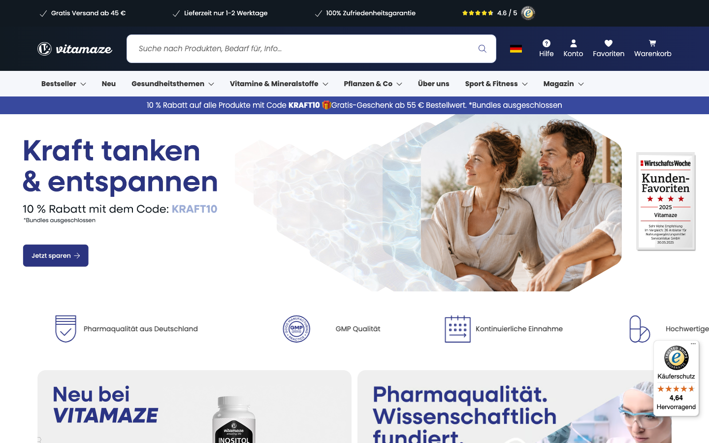 Startseite von Vitamaze mit Kollagen Pulver und Biotin Produkten