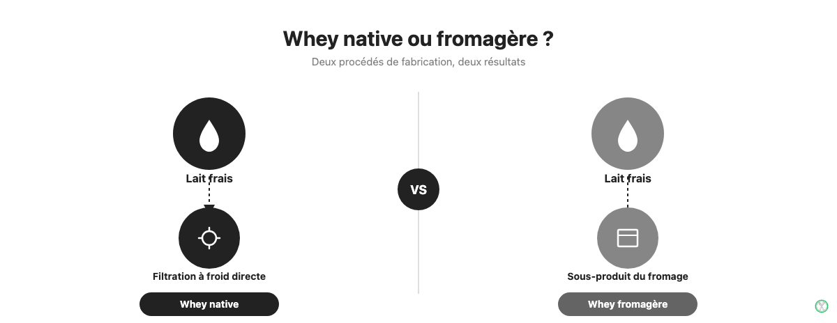 Schema comparant le procede de filtration de la whey native et de la whey fromagere