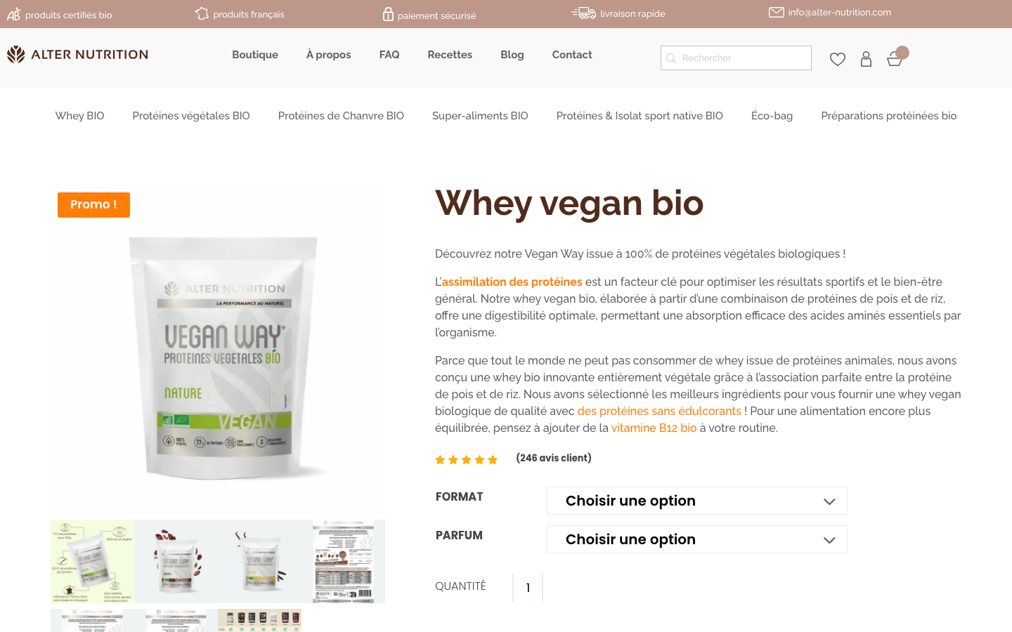 Whey vegan bio Alter Nutrition, produit fabrique en Dordogne