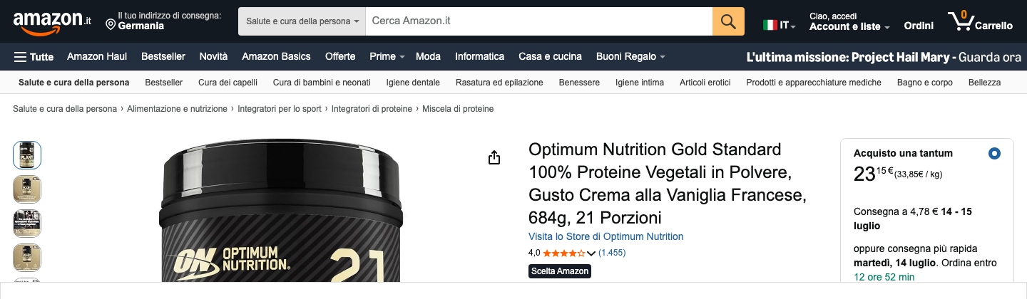 Scheda prodotto Optimum Nutrition Gold Standard 100% Plant Based su Amazon Italia