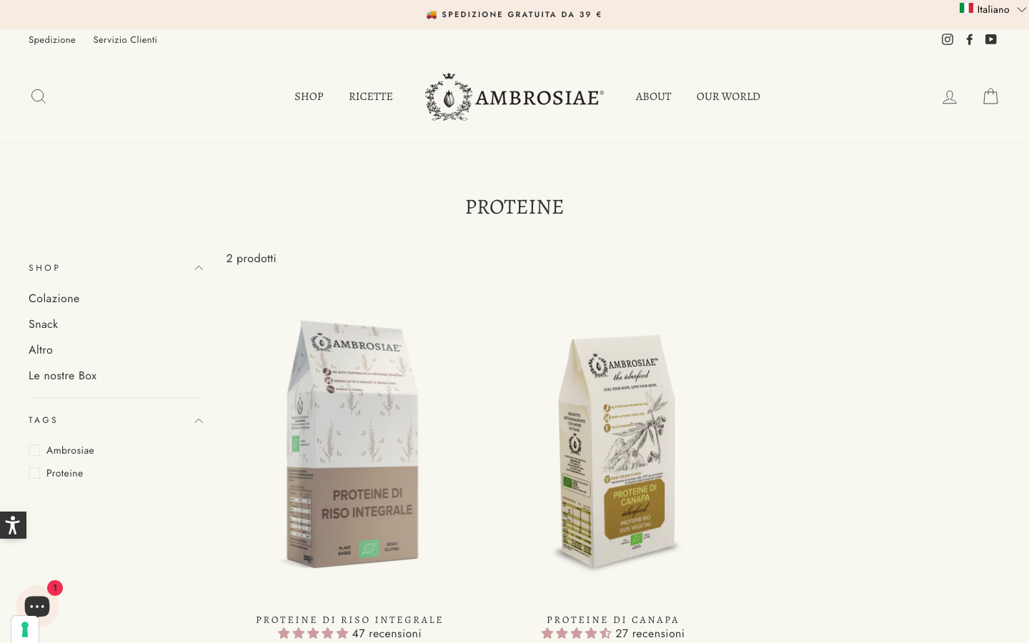 Pagina collezione Ambrosiae proteine vegetali biologiche di riso e canapa