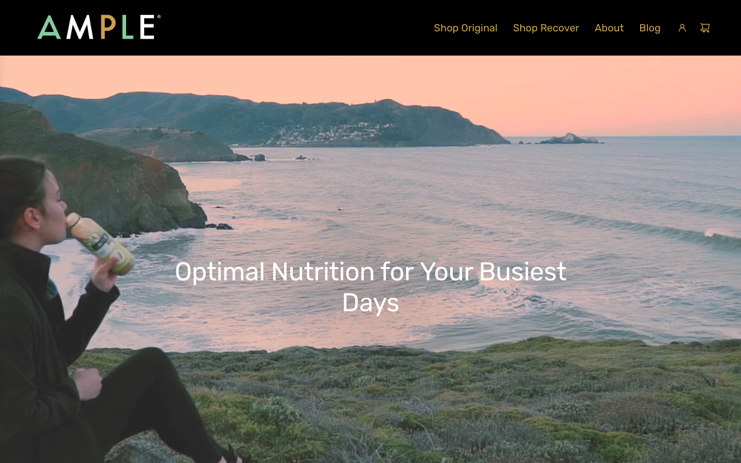 Ample homepage hero showing a bottle in an outdoor lifestyle setting