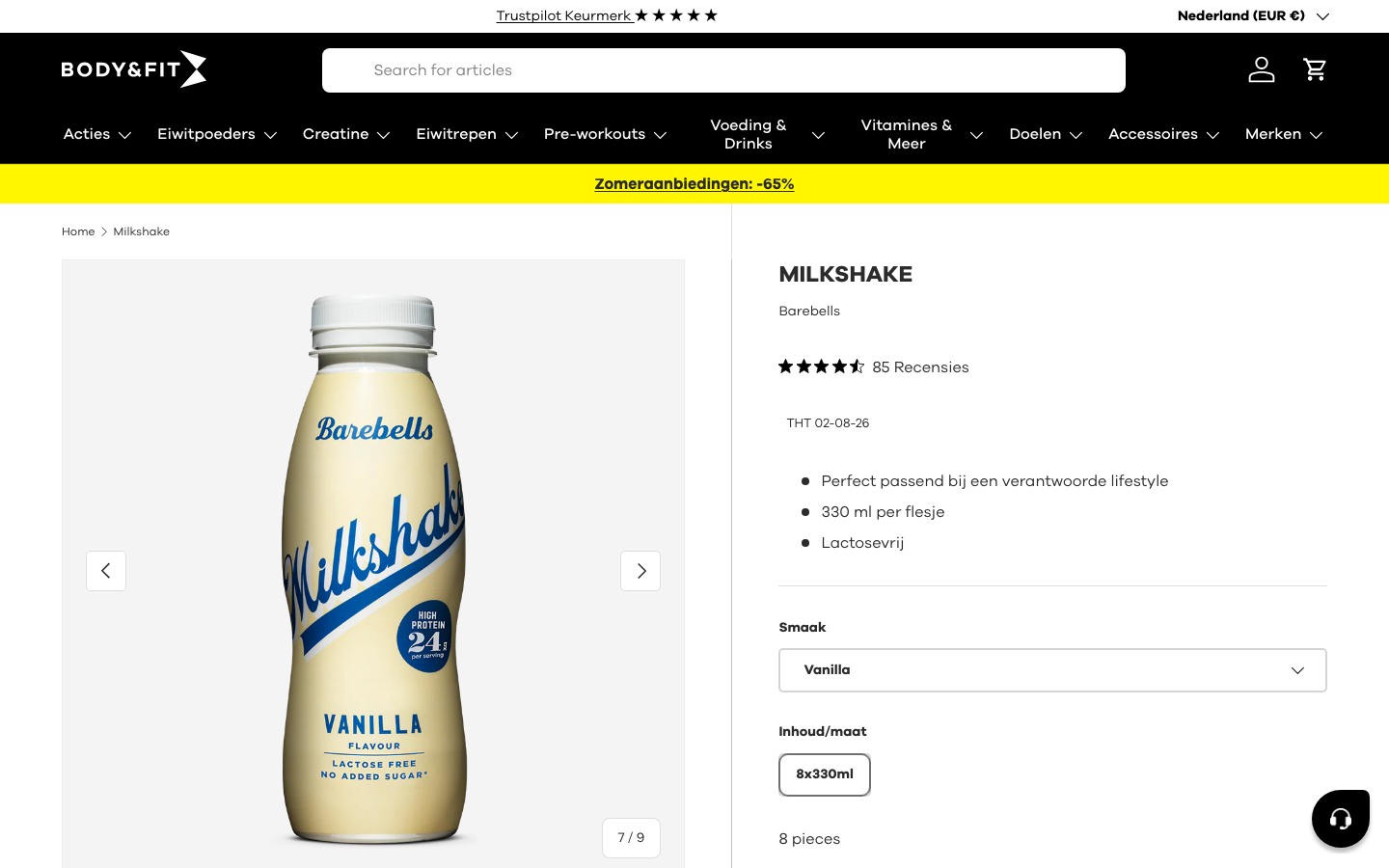 Barebells milkshake Vanilla productpagina bij Body&Fit met beoordeling van 4,66 sterren en 85 reviews