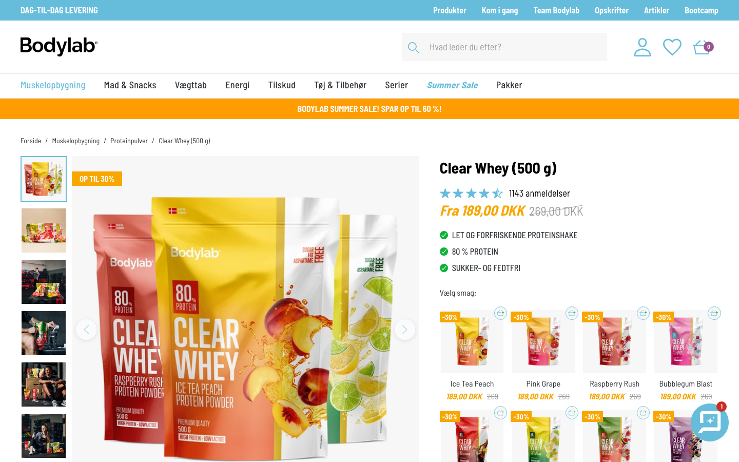 Skærmbillede af Bodylab Clear Whey produktside med smagsvarianter og pris