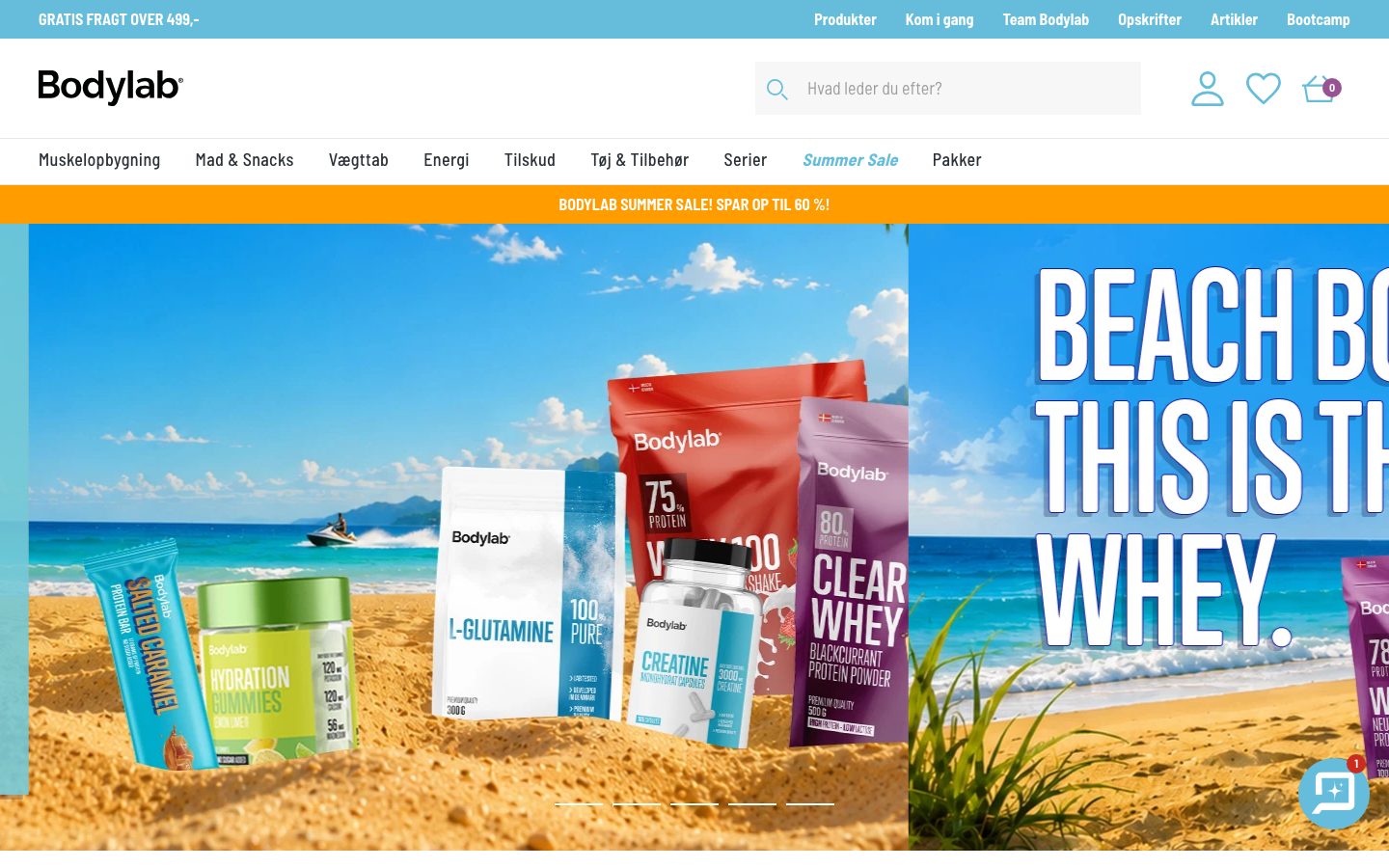 Screenshot af bodylab.dk forsiden med Summer Sale kampagne og gratis fragt over 499 kr