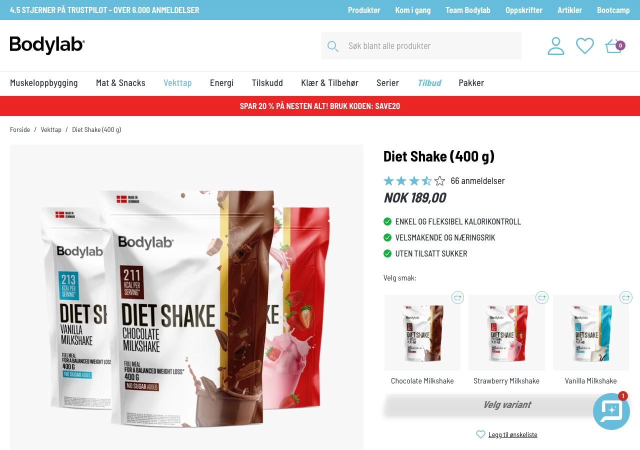 Skjermbilde av Bodylab Diet Shake produktside, et Huel-alternativ som selges i Norge