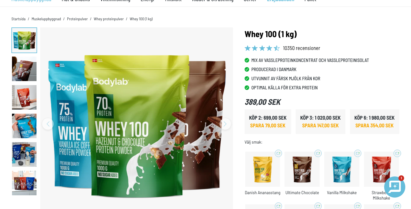 Skärmdump av Bodylab Whey 100 1 kg på bodylab.se med pris och recensioner