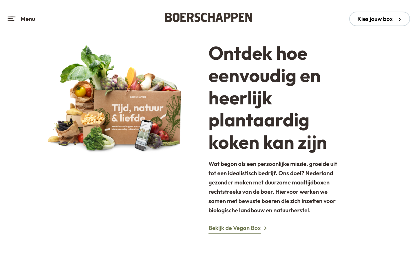 Boerschappen landingspagina voor de vegan maaltijdbox met boodschappenkrat
