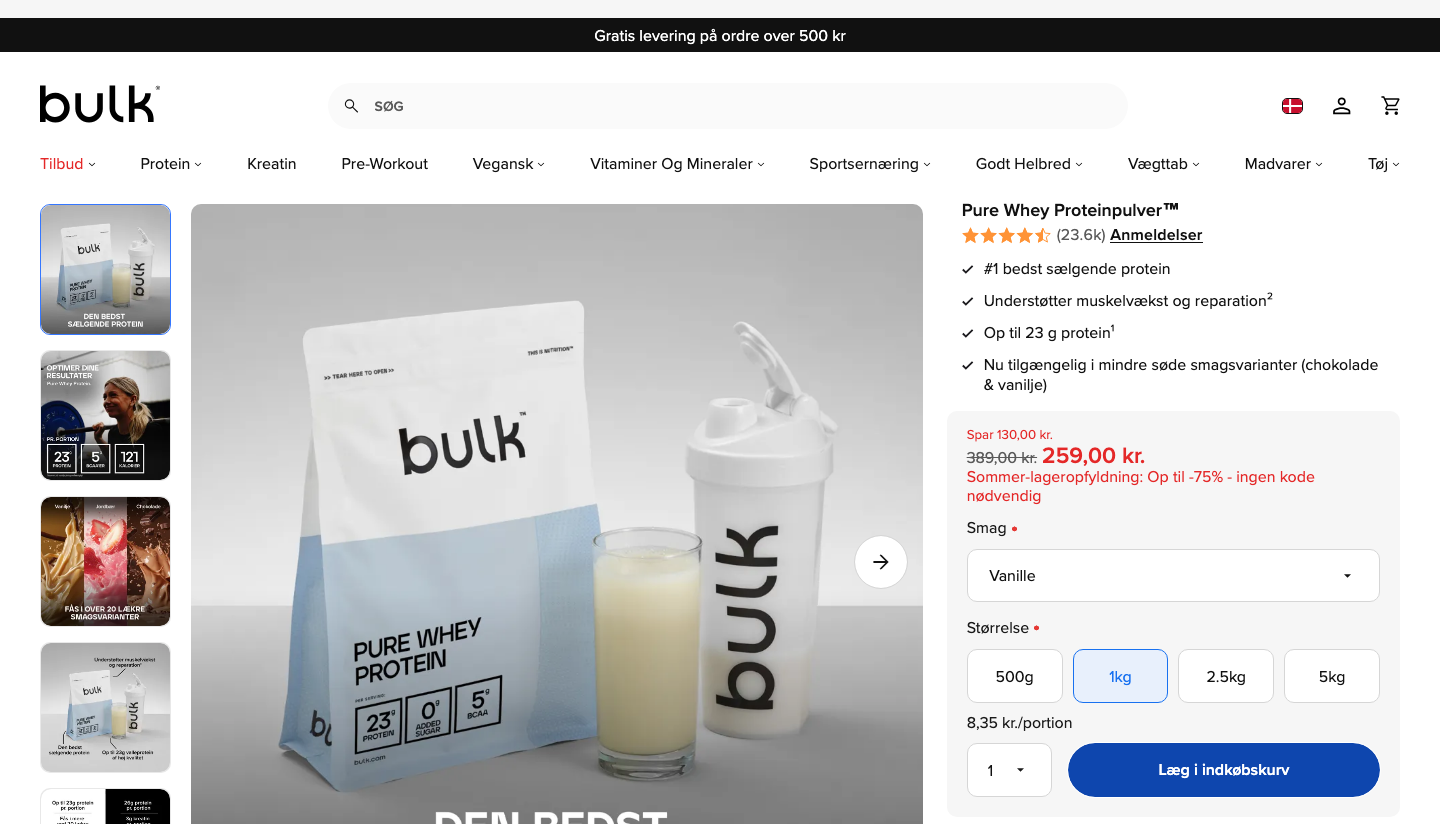 Skærmbillede af Bulk Pure Whey Protein produktside på bulk.com/dk