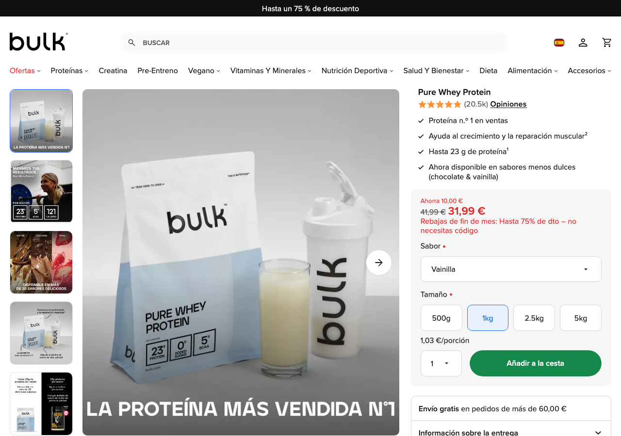 Página de producto de Bulk Pure Whey Protein en bulk.com