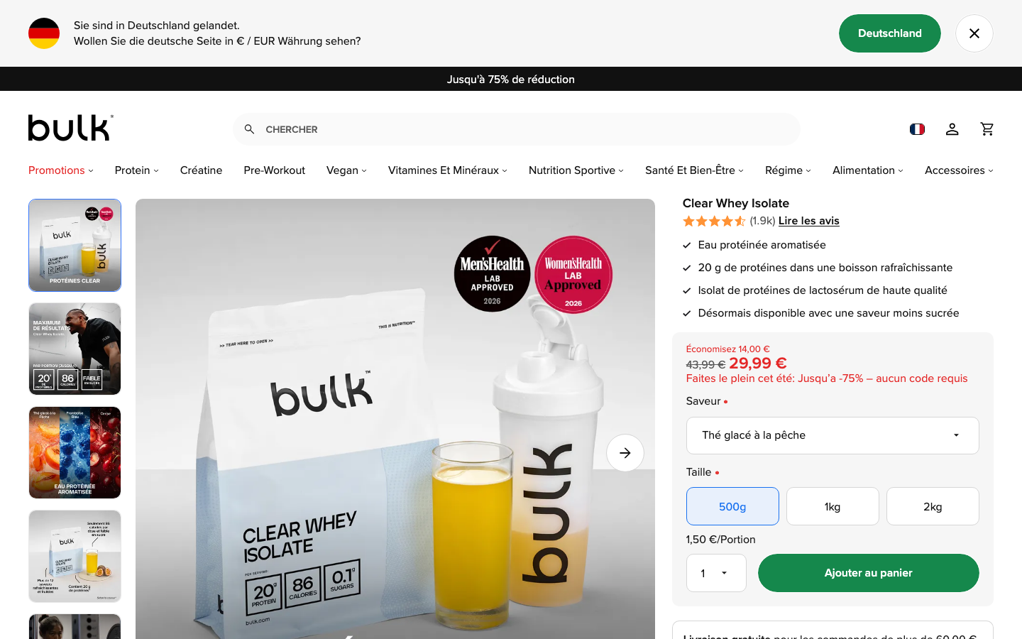 Page produit Bulk Clear Whey Isolate