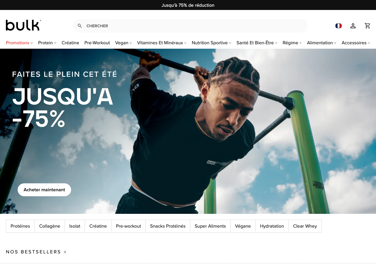 Page d'accueil de Bulk.com/fr presentant le catalogue de nutrition sportive