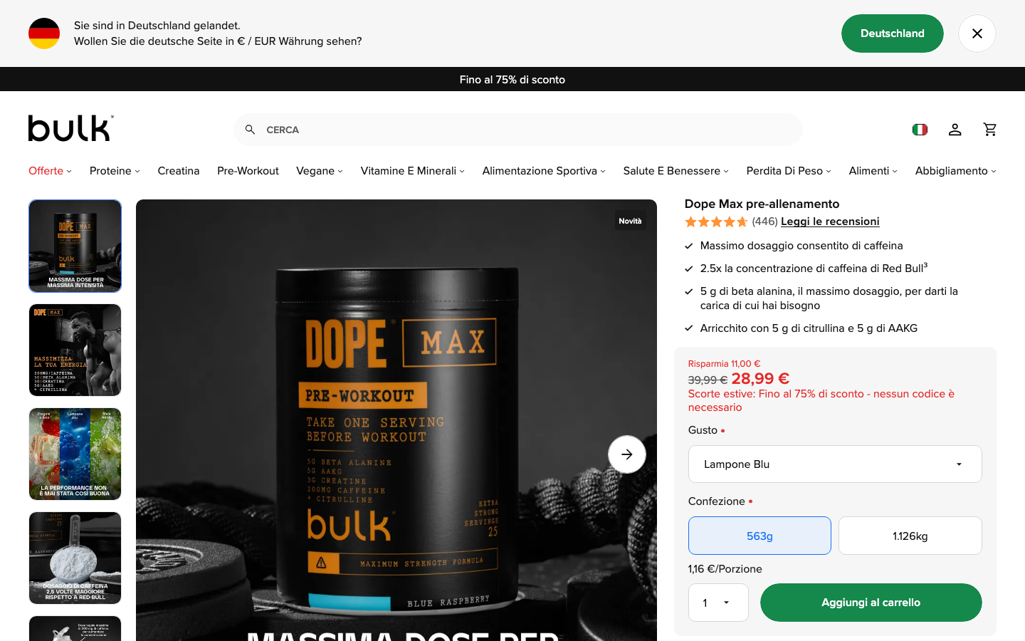 Scheda prodotto Bulk Dope Max pre-allenamento sul sito ufficiale bulk.com con prezzo e ingredienti chiave