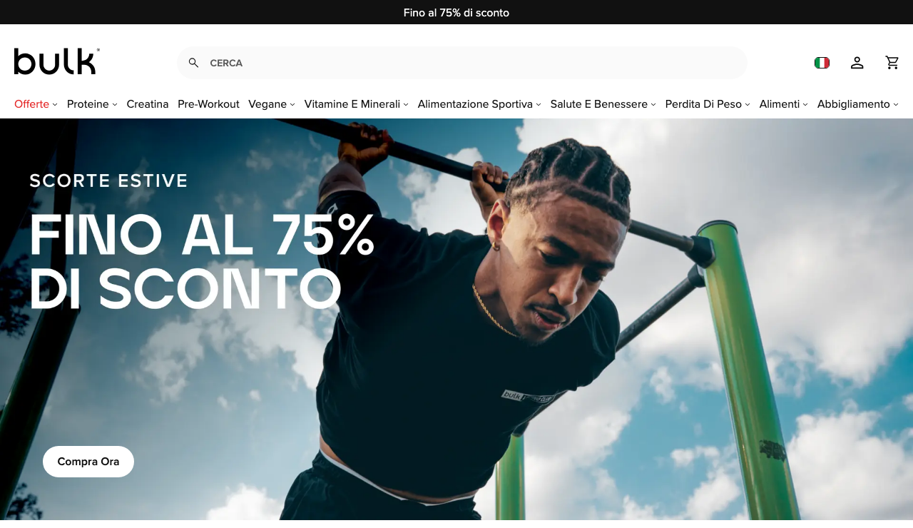 Homepage di Bulk.com nella versione italiana con le offerte su proteine e mass gainer