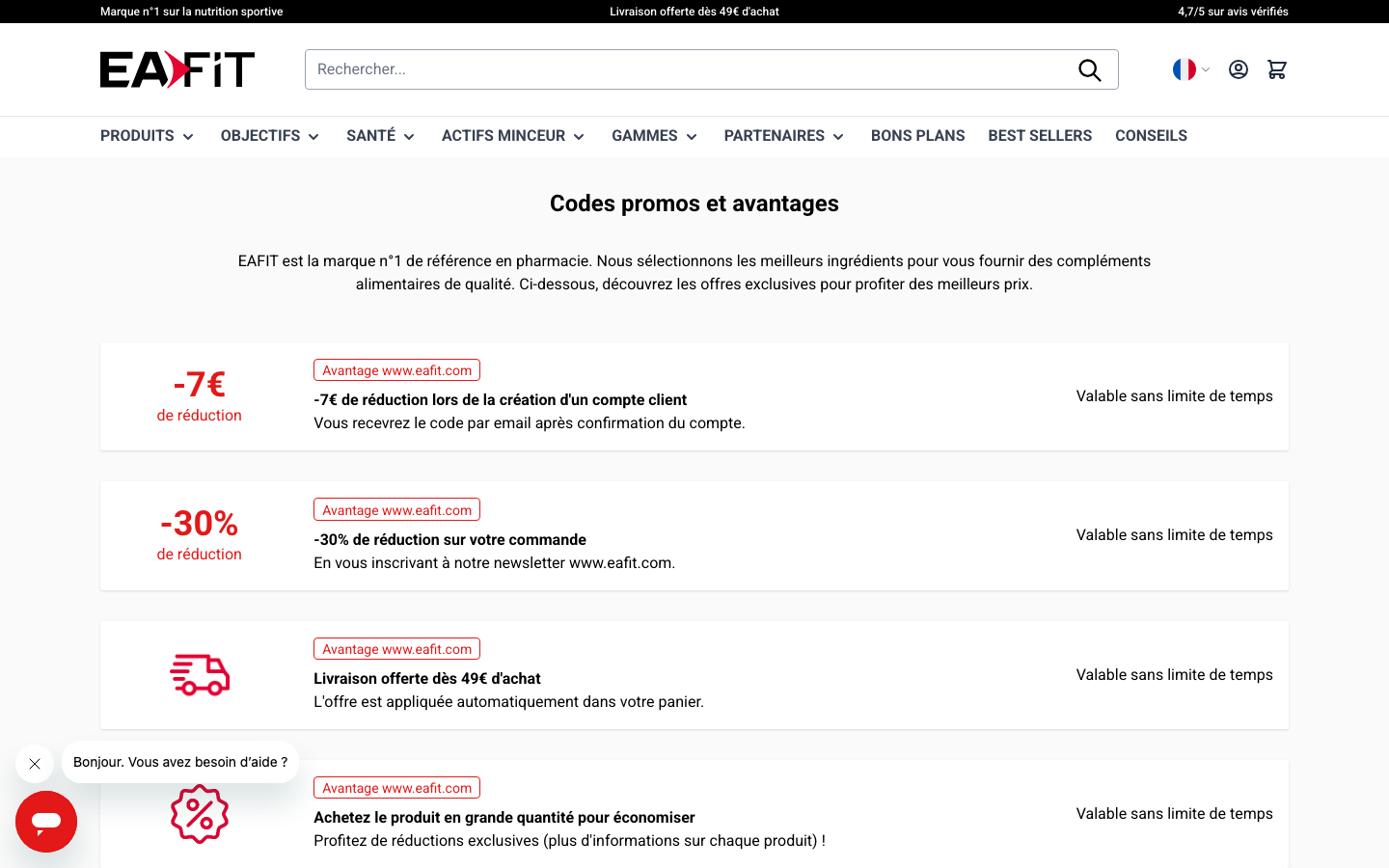 Capture d'écran de la page officielle eafit.com/code-promo/ listant les offres -7€, -30%, livraison gratuite et achats en gros