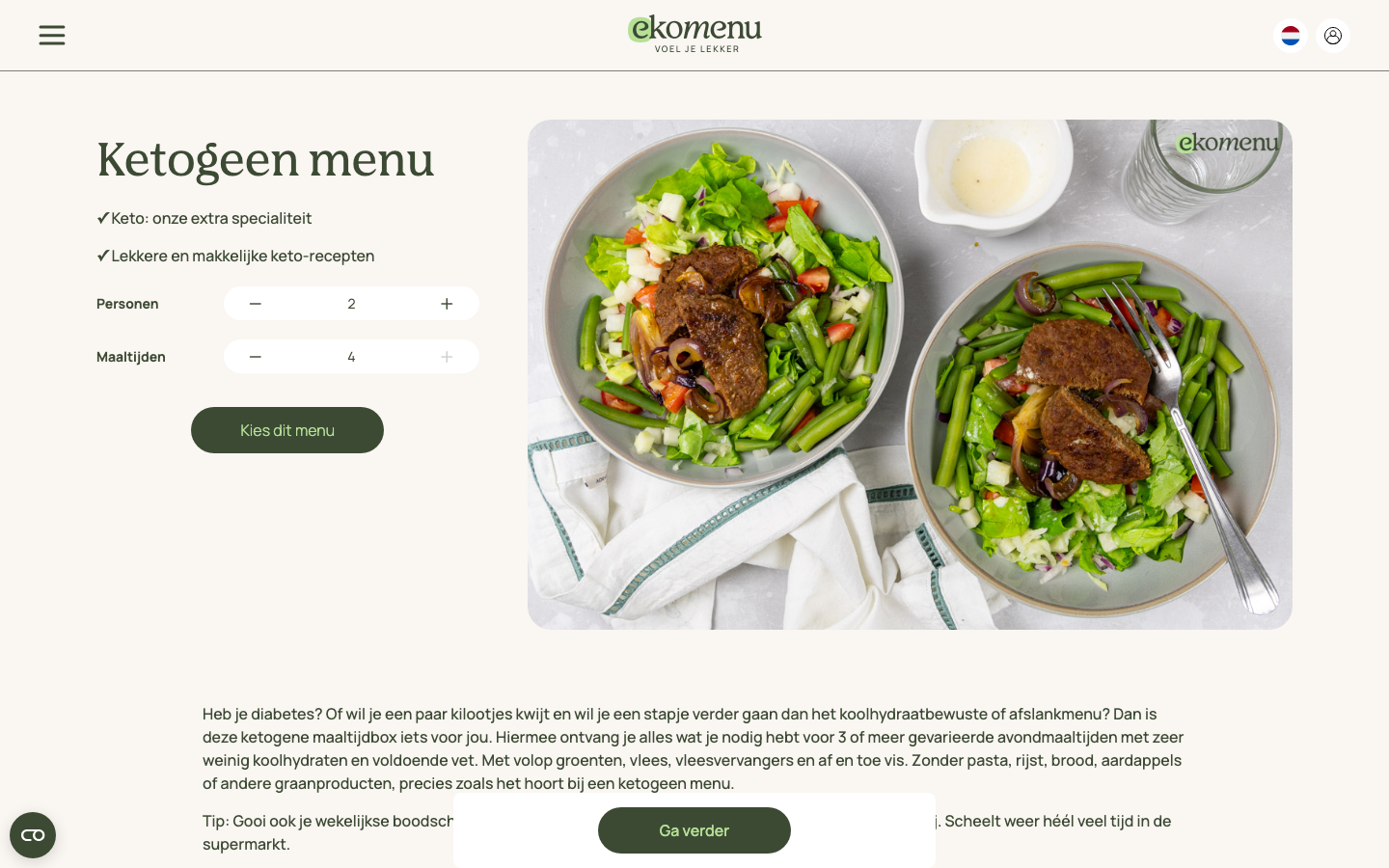 Ekomenu ketogeen menu met vier ketogene maaltijden per week en instelbaar aantal personen en maaltijden