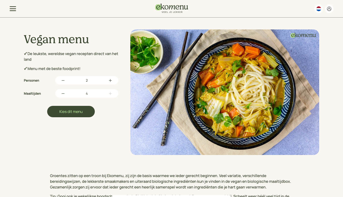Ekomenu vegan menu pagina met een vegan recept en personen/maaltijden-instelling