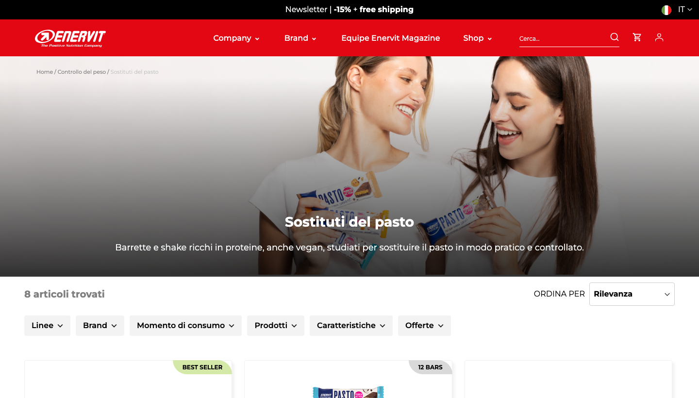 Screenshot della pagina Enervit sostituti del pasto in barretta e shake proteico