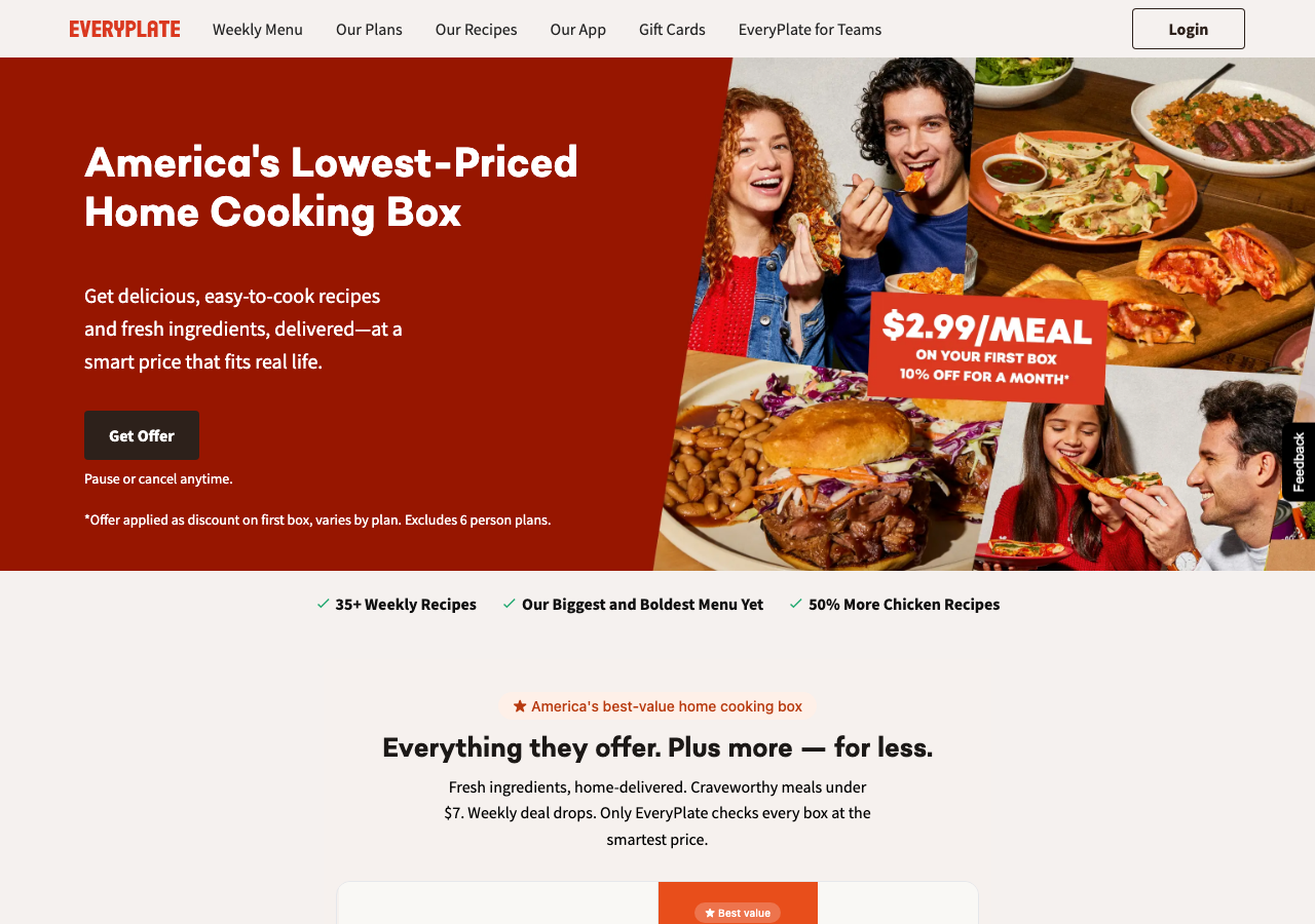 EveryPlate homepage showing the current $2.99 per meal first-box offer, 35+ weekly recipes, and pause or cancel anytime policy