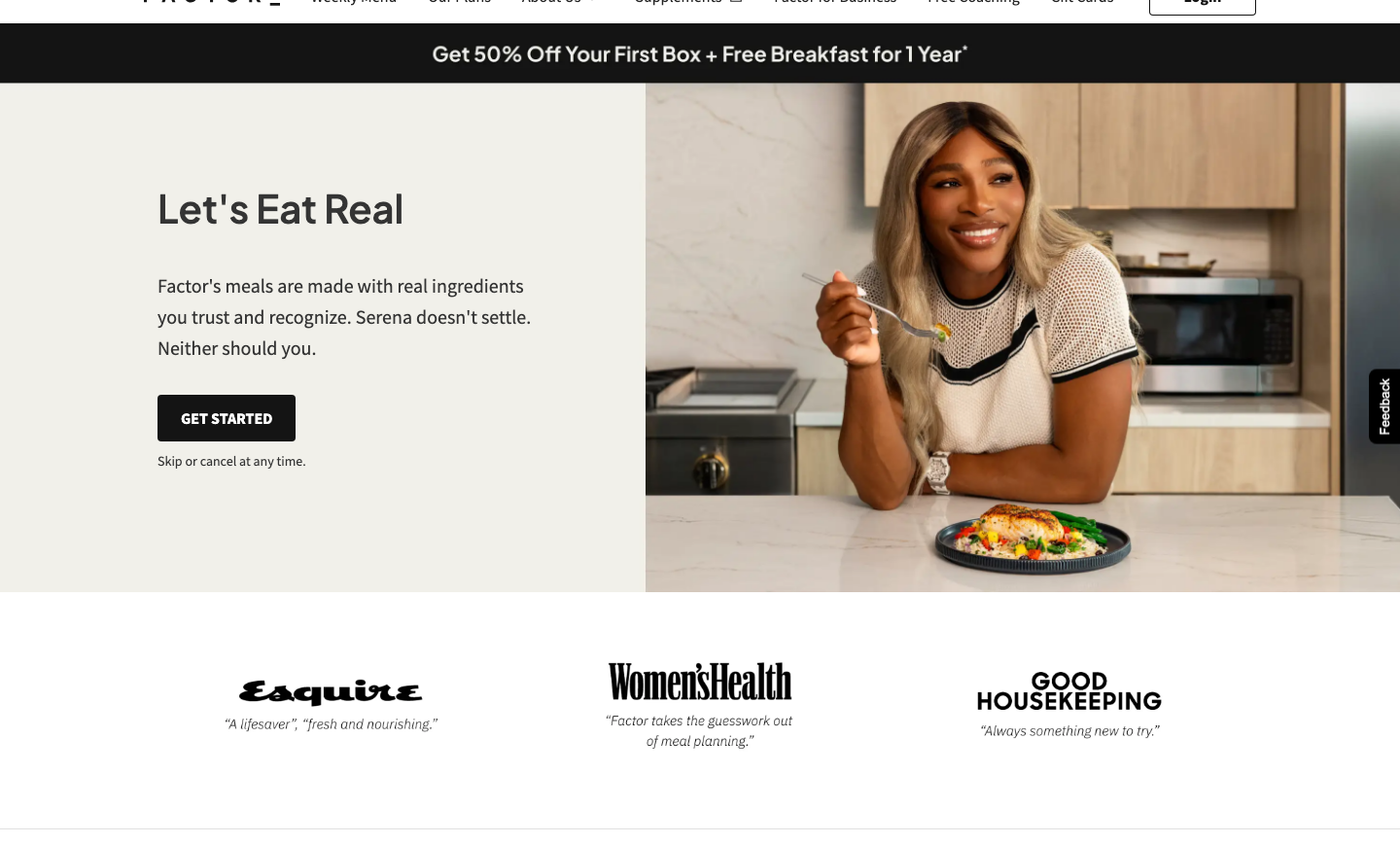 Factor official homepage showing the current meal delivery offer