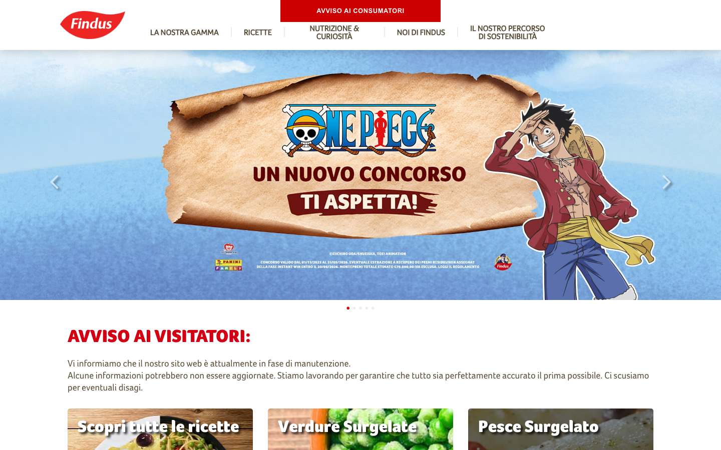 Homepage del sito Findus, marchio di piatti pronti surgelati