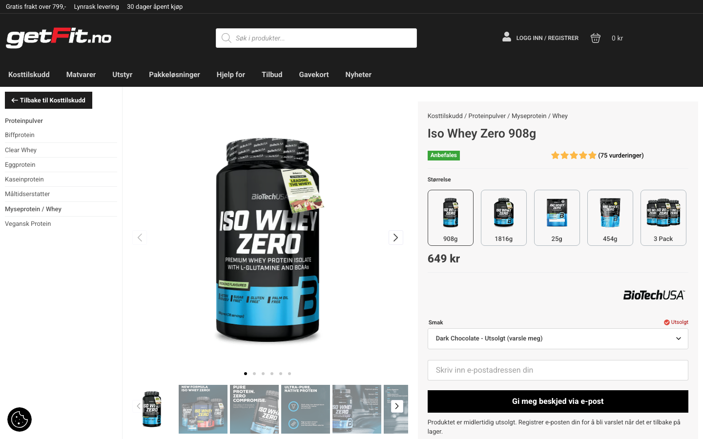 Produktside for BioTechUSA Iso Whey Zero 908g hos getFit.no