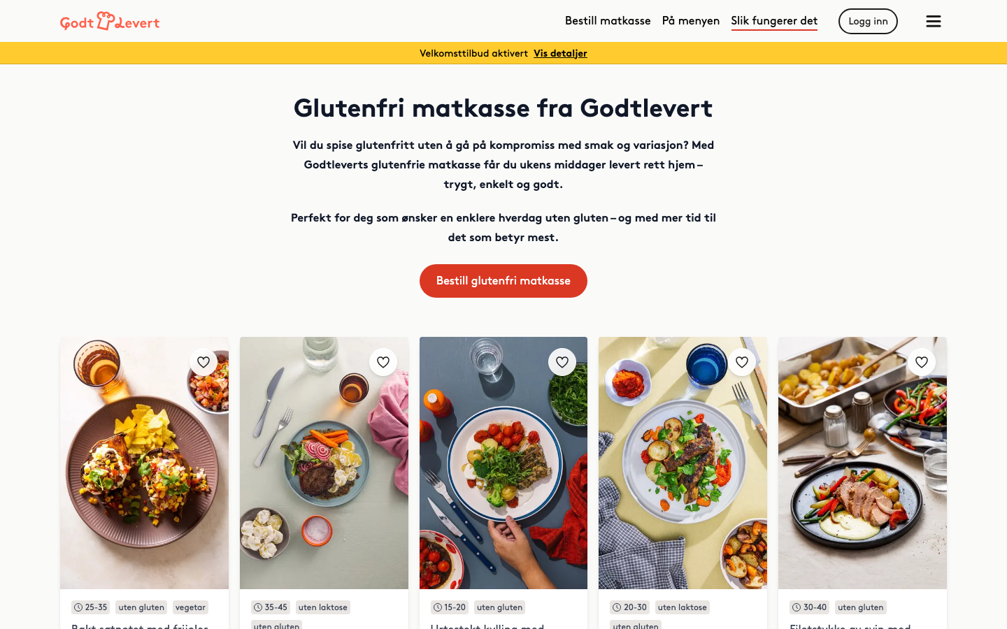 Godtlevert sin landingsside for glutenfri matkasse