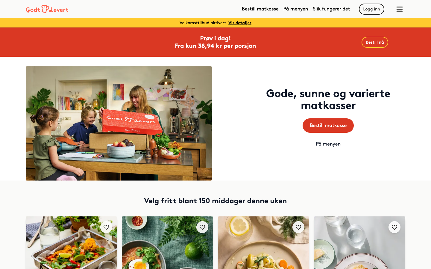 Godtlevert sin forside med matkasse-tilbud og pris per porsjon