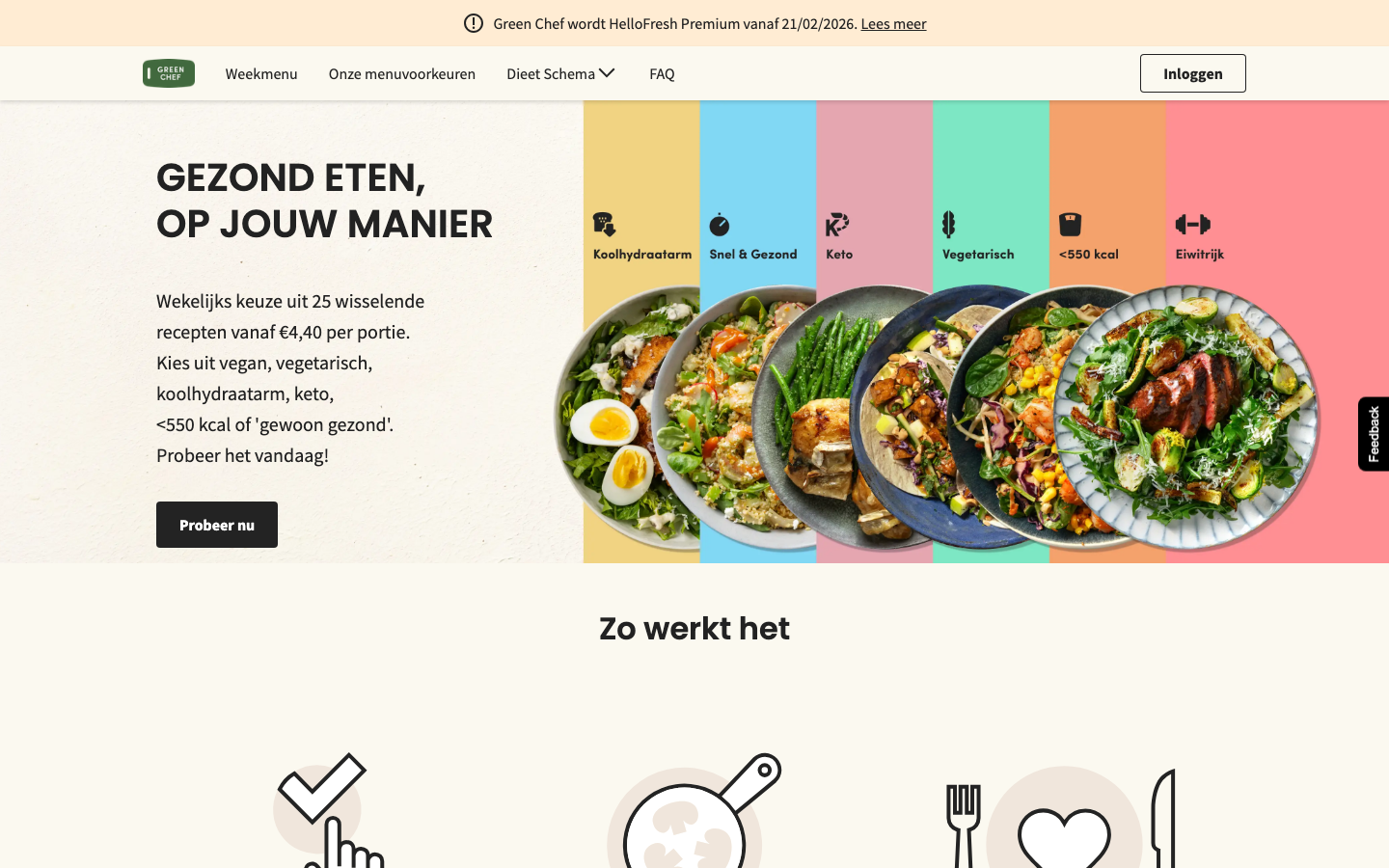 Green Chef homepage met leefstijlfilters waaronder Keto, Koolhydraatarm en Vegetarisch, vanaf 4,40 euro per portie