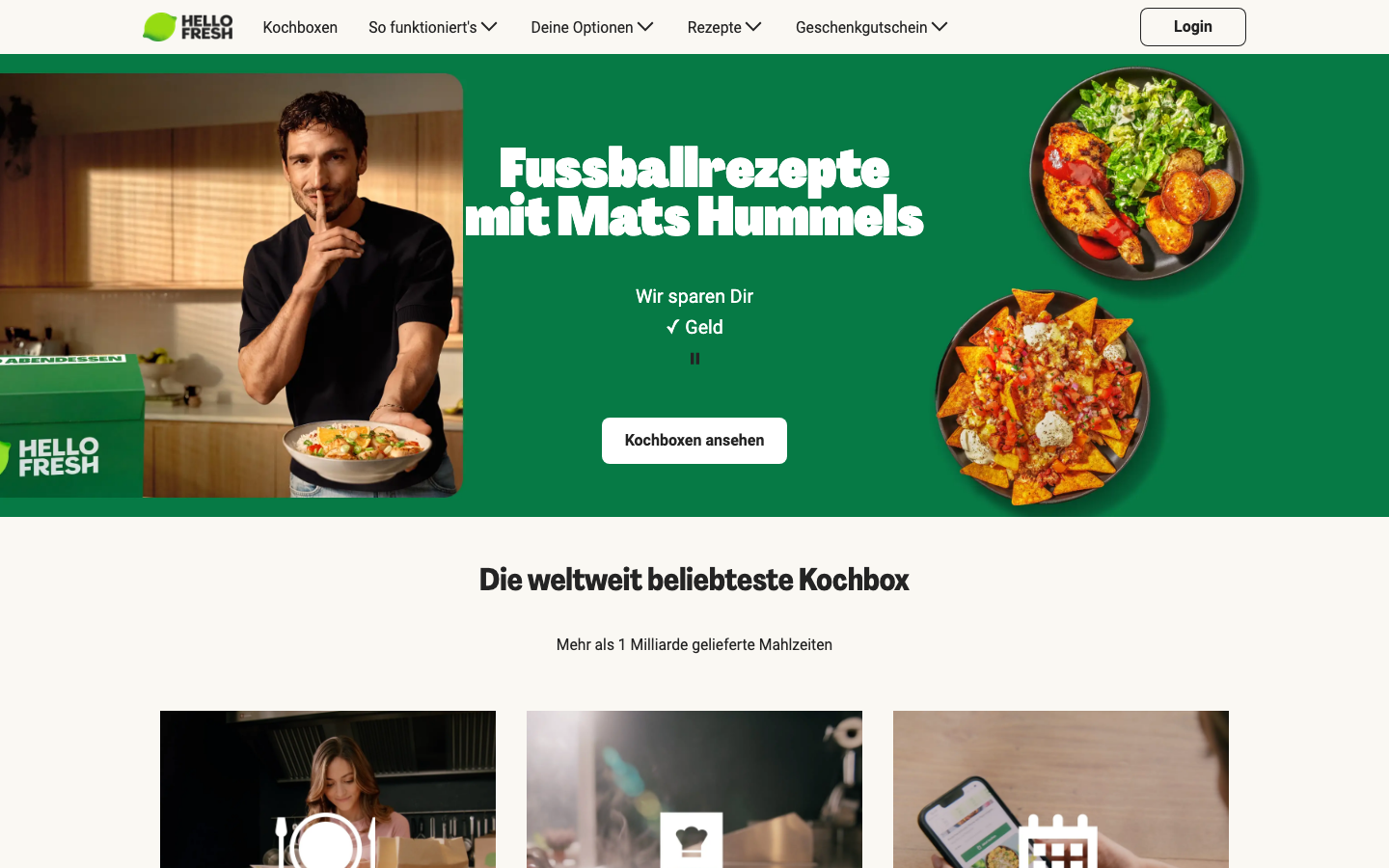 Startseite von HelloFresh, dem größten Kochbox-Anbieter in Deutschland