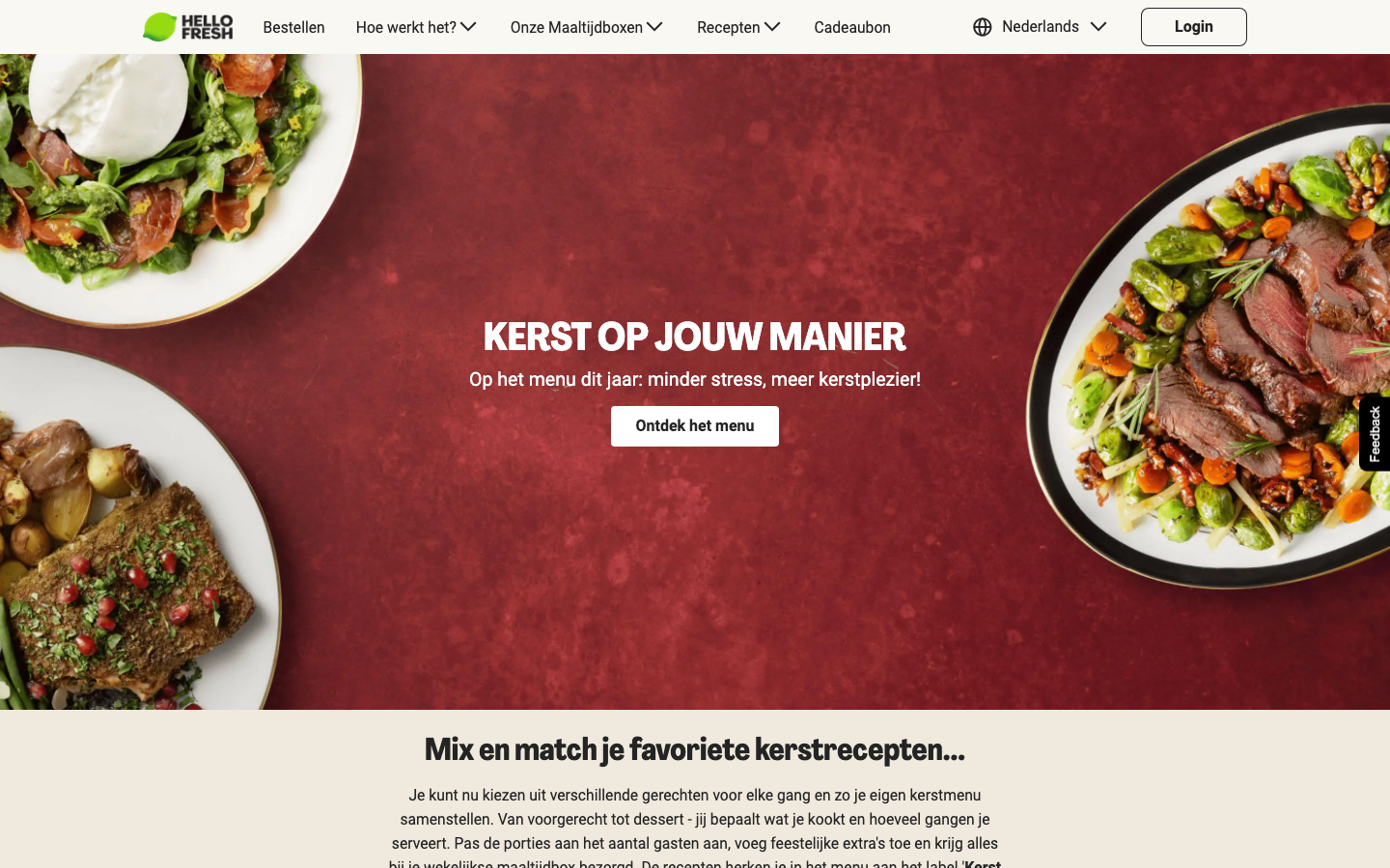 Screenshot van de HelloFresh kerstpagina met feestelijke gerechten